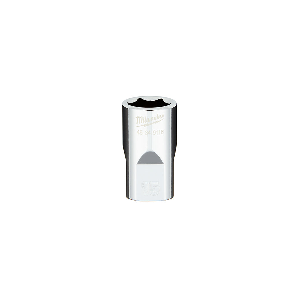 Milwaukee 1/2 in. drive 15MM metric 6-point socket with flat sides and engraved markings.