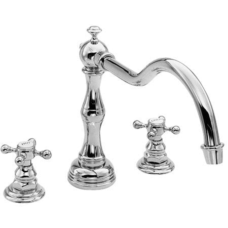 Satin nickel roman tub faucet with curved spout and two cross-handle valves on circular base.