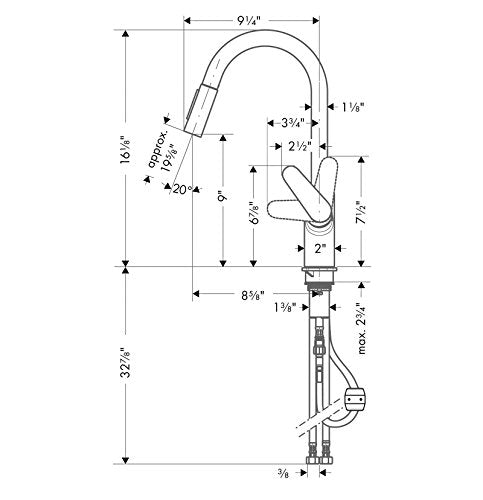 Chrome kitchen faucet with high arc spout, pull-down spray head, and dual lever handles shown with dimension measurements.