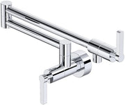 Polished chrome wall-mounted pot filler faucet with articulating swing arm and single lever handle.