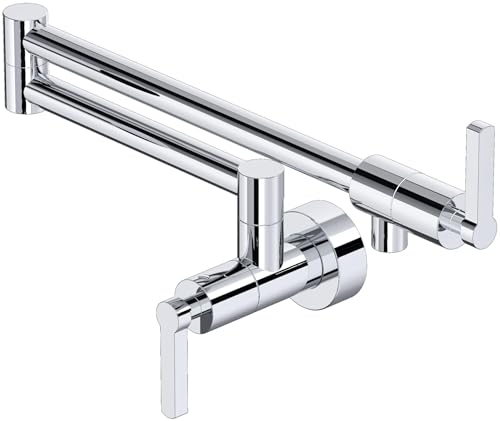 Polished chrome wall-mounted pot filler faucet with articulating swing arm and single lever handle.