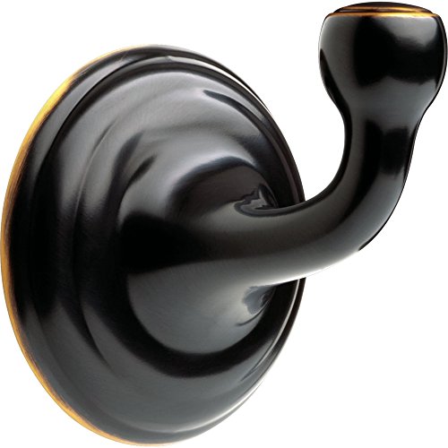 Black robe hook with curved arm and circular base trim in matte and bronze finish.