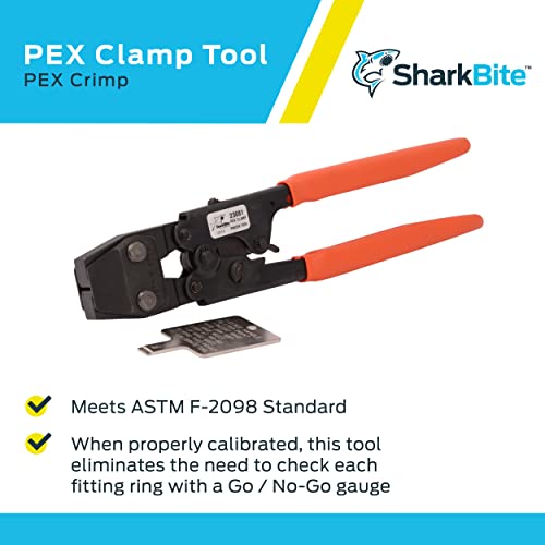 Sharkbite PEX clamp tool with black handles, orange grips, and metal jaw component shown with calibration gauge.