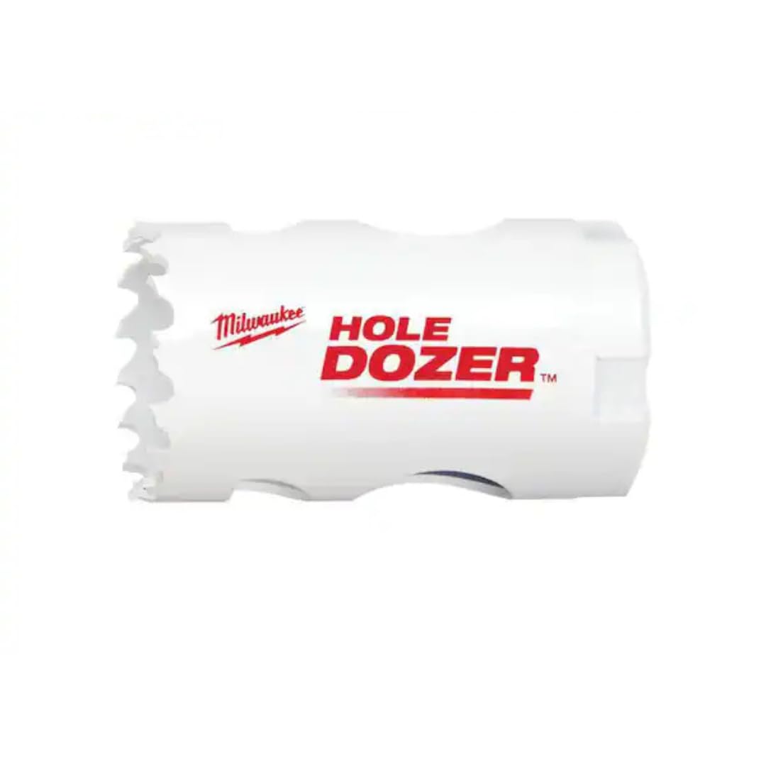 White cylindrical hole saw with serrated cutting edge and Milwaukee HOLE DOZER branding.