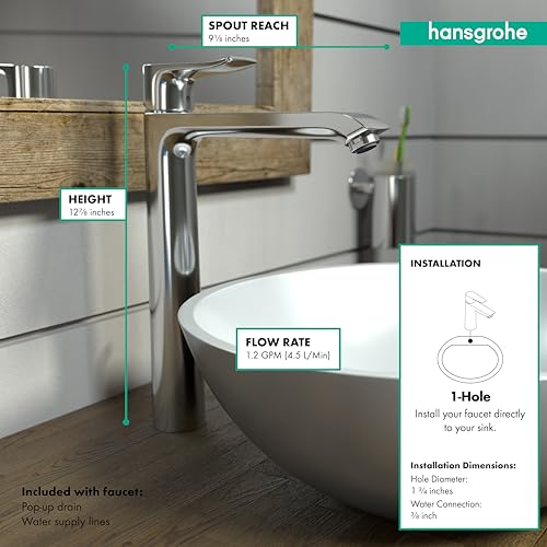 Chrome single-hole bathroom faucet with high-arc spout and pop-up drain, installed on round sink.