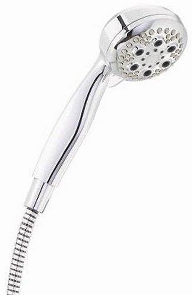 Chrome hand shower with multiple spray jets, control lever, and flexible hose with threaded connector.