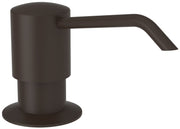 Oil rubbed bronze soap dispenser with cylindrical pump body and angled spout extending to the right.