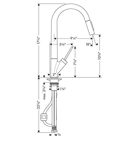Steel Optic high arc kitchen faucet with pull-down spray head and dimension measurements shown in technical drawing.