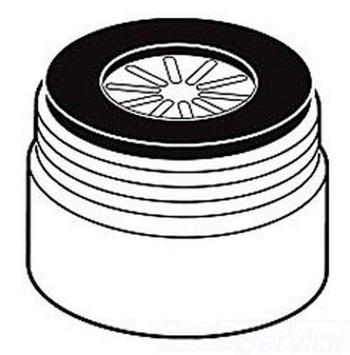 Stainless steel faucet aerator with black rubber grip ring and perforated spray head.