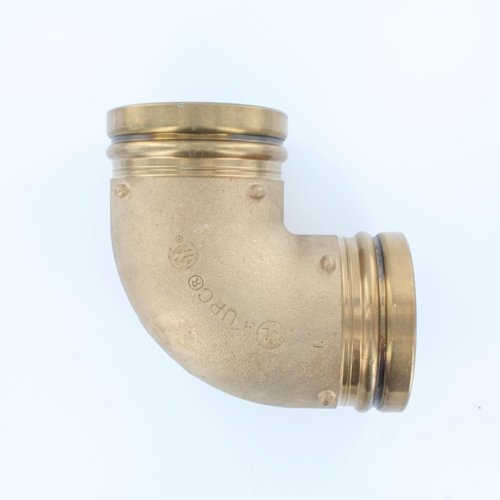 Copper 90-degree elbow fitting with press-fit connections on both ends and grooved band details.