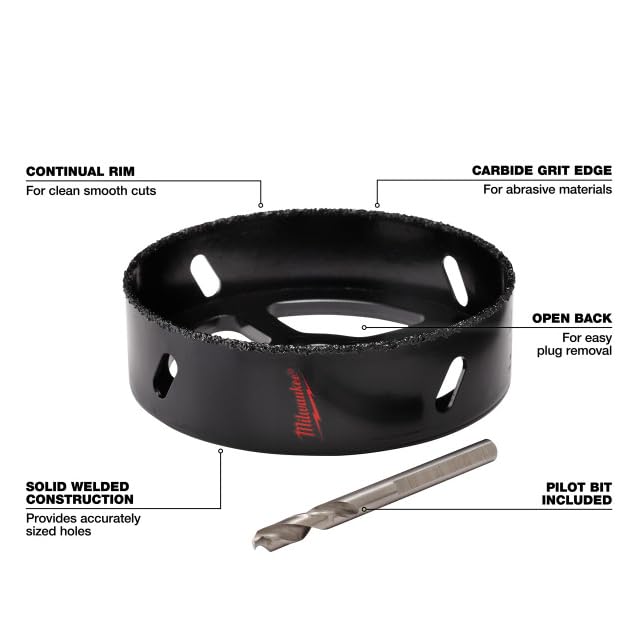 Black Milwaukee recessed light hole saw with carbide grit edge, continuous rim, open back design, and included pilot bit.