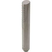 Stainless steel hand shower with cylindrical body and multiple spray holes on upper section.