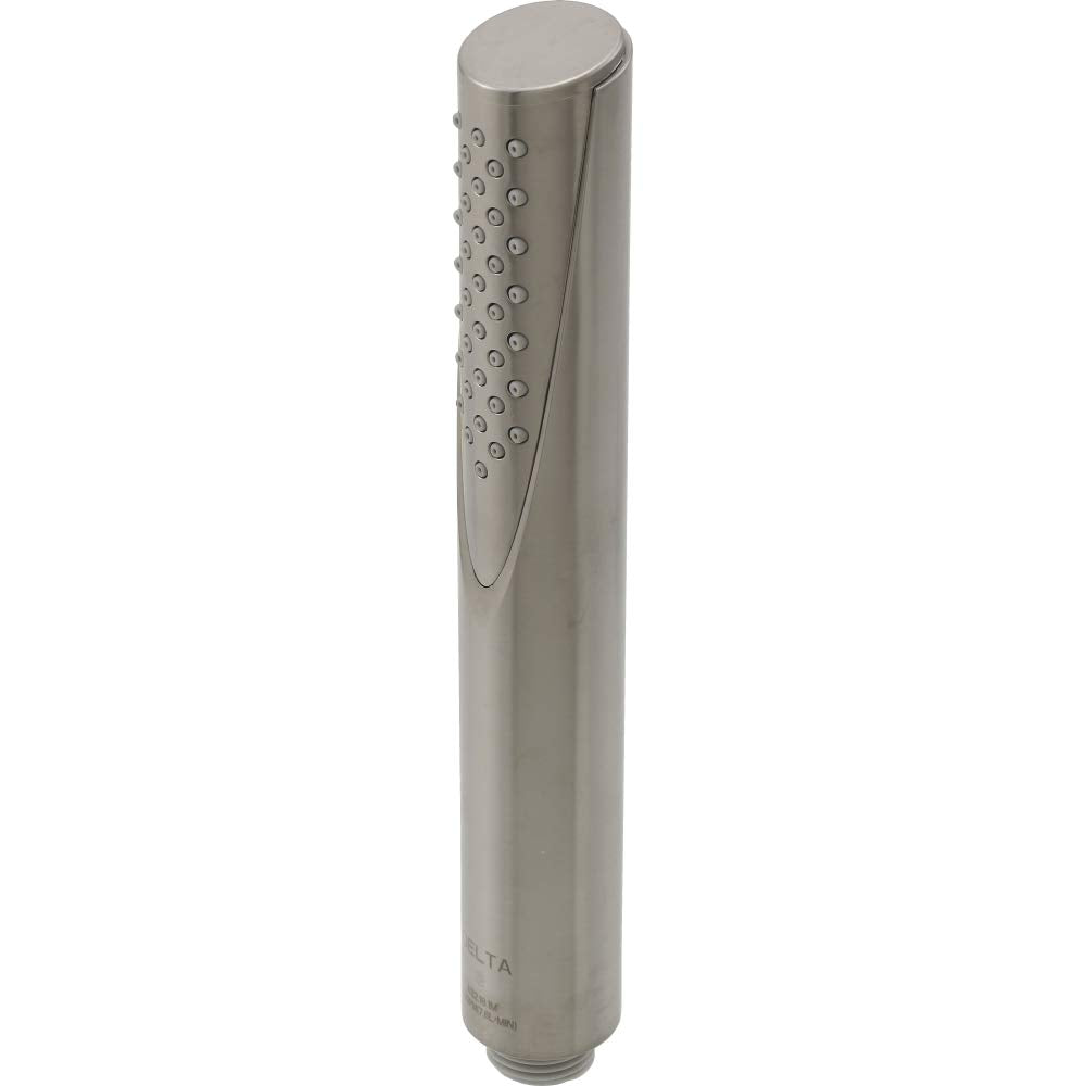 Stainless steel hand shower with cylindrical body and multiple spray holes on upper section.
