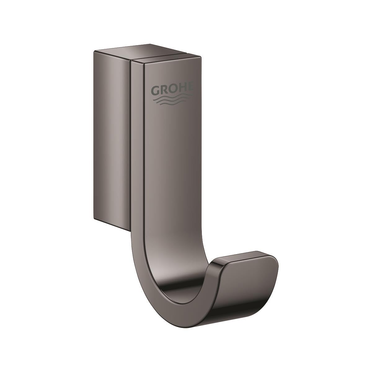 Dark gray robe hook with curved hook design and rectangular mounting plate, Grohe branding visible.