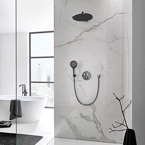 Grohe hard graphite hand shower with overhead rain showerhead and three-spray body jets mounted on marble shower wall.