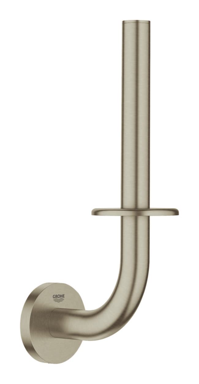 Brushed nickel paper holder with curved arm and circular mounting plate.