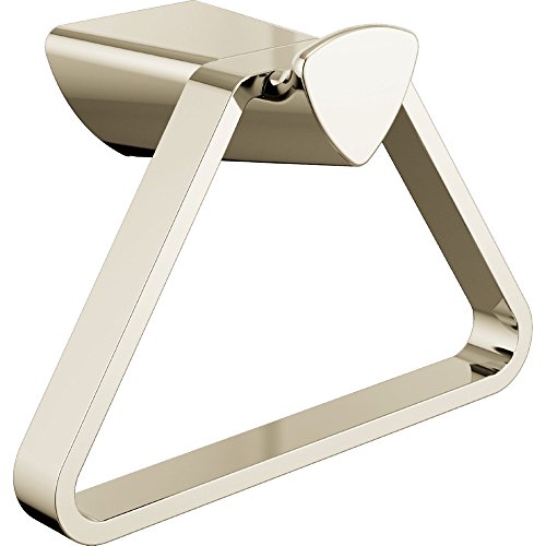 Champagne-colored triangular towel holder with curved metal arms and wall-mounted base.