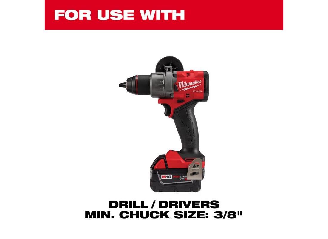 Milwaukee red and black cordless drill with battery and chuck, compatible with 3/8" minimum chuck size.