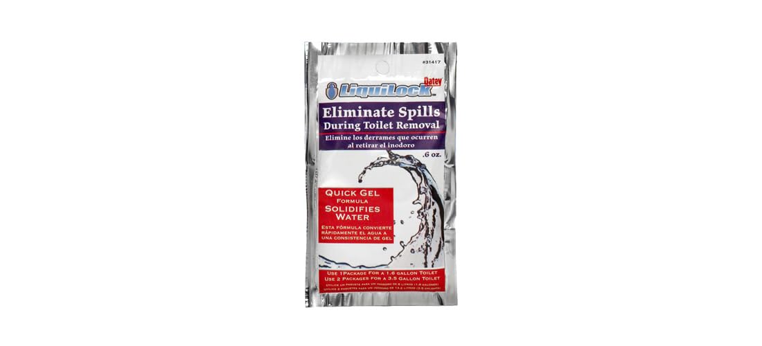 Two packets of Oatey LiquidLoc gel for toilet removal with purple and red labeling on silver foil pouches.