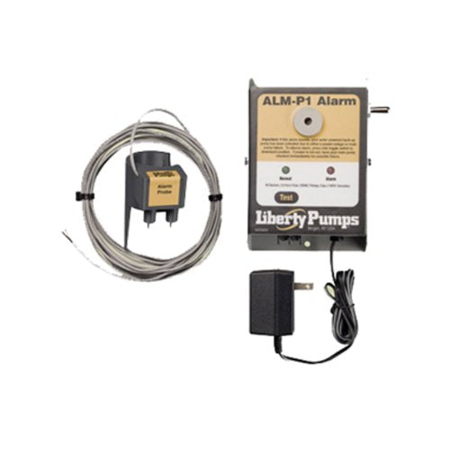 Liberty Pumps ALM-P1 alarm unit with tan and black casing, coiled gray cord with float sensor, and black power adapter.