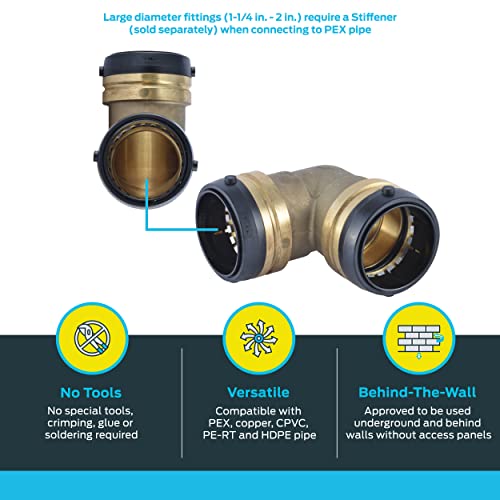 Brass 90-degree elbow fitting with black push-to-connect collar shown from two angles.