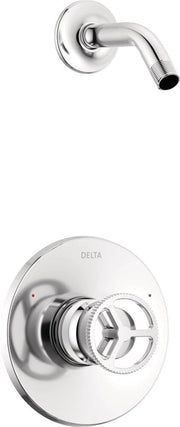 Chrome shower trim with circular wall plate, single lever handle, and curved shower arm with threaded connection port.