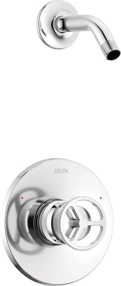 Chrome shower trim with circular wall plate, single lever handle, and curved shower arm with threaded connection port.