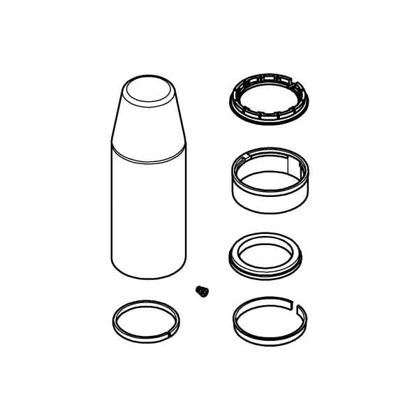 Black cylindrical cartridge with five black seals and one small black component arranged around it.