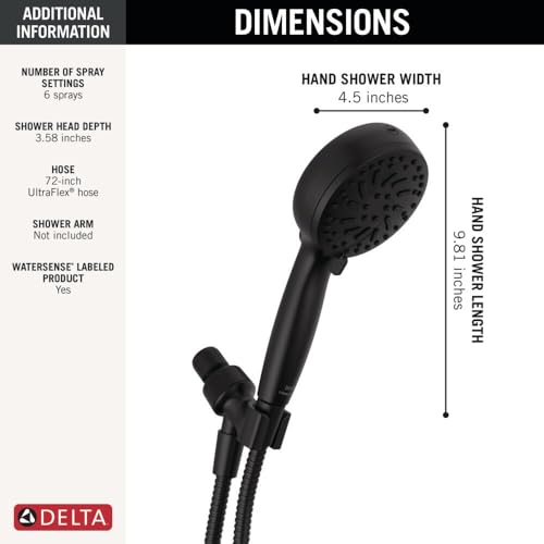 Matte black hand shower head 4.5 inches wide with 6 spray settings and adjustable holder bracket.