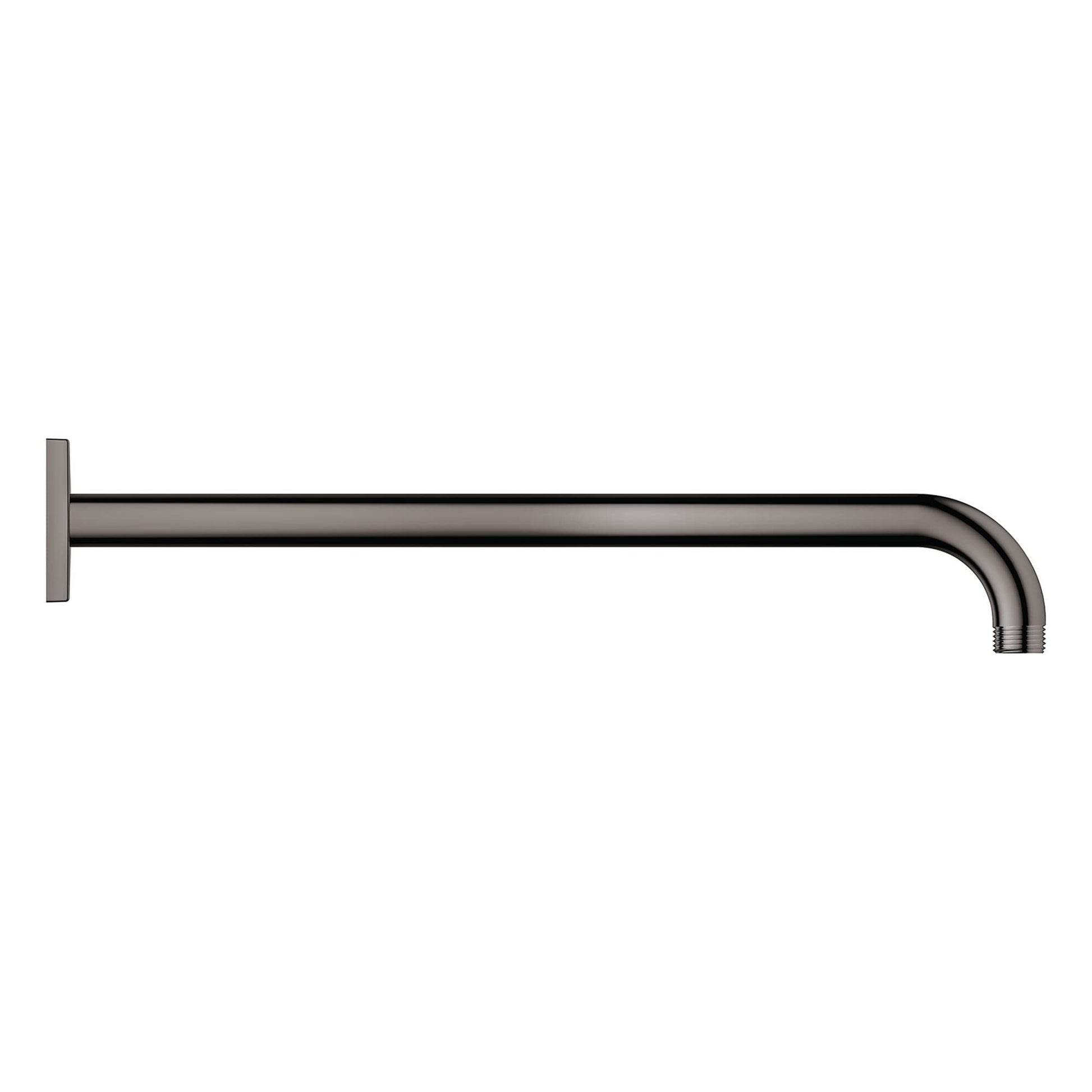 Hard graphite square shower arm with wall-mounted bracket and curved end connector.