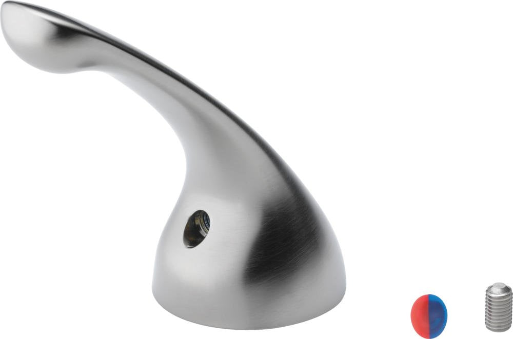 Curved stainless steel lever handle with mounting screw and color indicator shown separately.