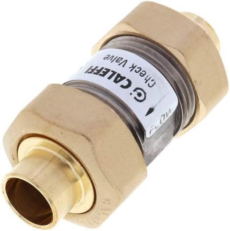 Brass low lead check valve with 3/4" sweat connections and white manufacturer label.