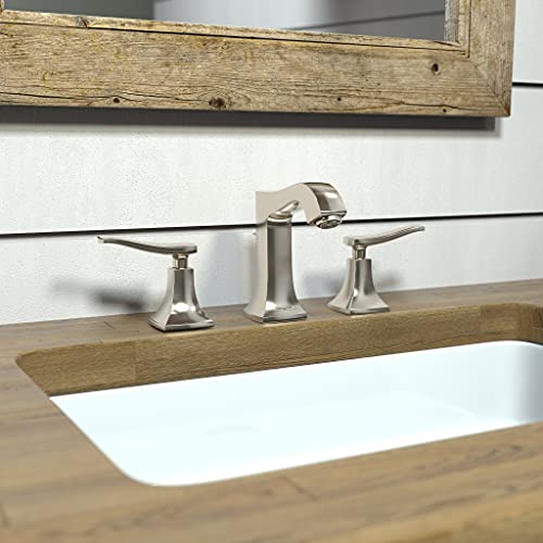 Polished nickel three-hole widespread bathroom faucet with tall center spout and two lever handles on wooden vanity.