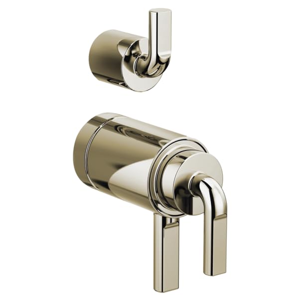 Polished nickel thermostatic valve with rectangular lever handles and diverter notch for shower control.