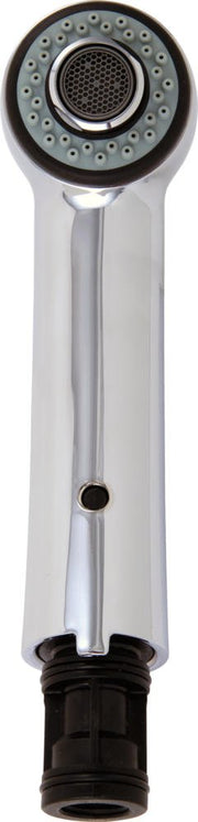 White and chrome handheld shower wand with circular spray head and black threaded connector at base.