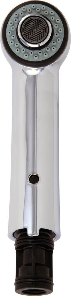 White and chrome handheld shower wand with circular spray head and black threaded connector at base.