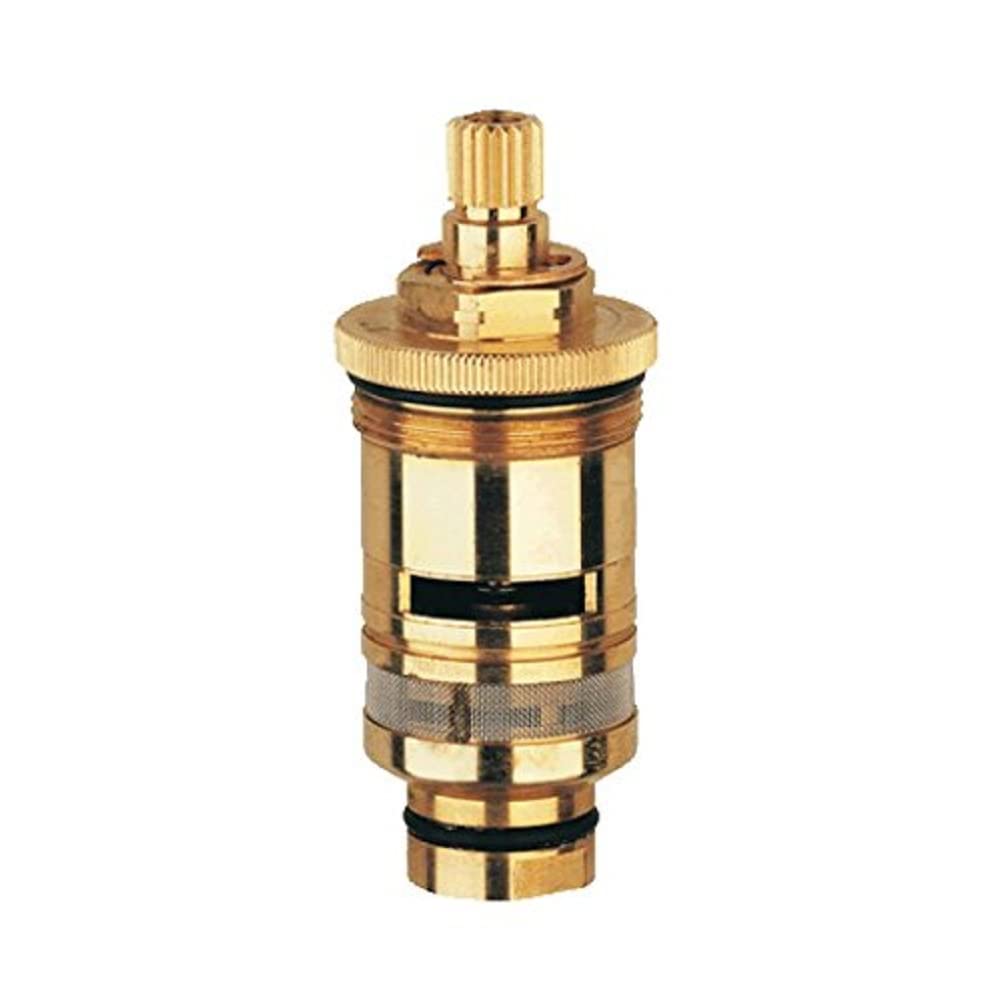 Brass thermostatic cartridge with ribbed knob, black seal rings, and textured grip band for 1/2" valve assembly.