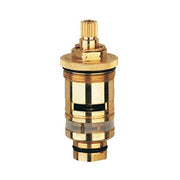 Brass thermostatic cartridge with ribbed knob, black seal rings, and textured grip band for 1/2" valve assembly.