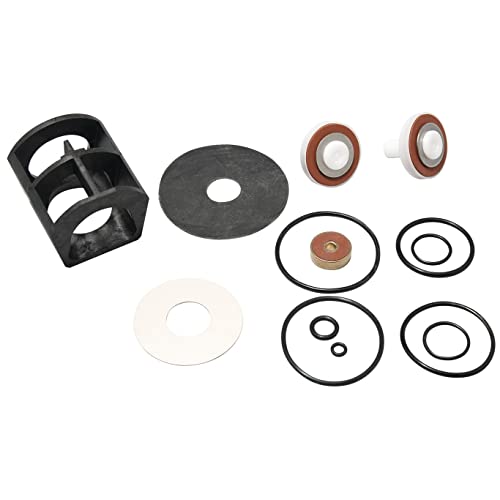 Watts rubber parts kit containing black plastic holder, gray and white discs, red and white sealed components, and various ru
