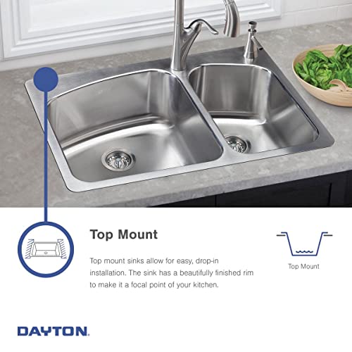 Stainless steel double bowl drop-in sink with two drain holes and curved faucet mounted on countertop.