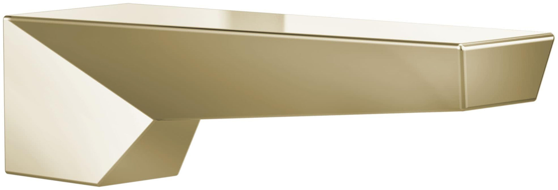 Polished nickel tub spout with angular geometric design and horizontal mounting bracket.