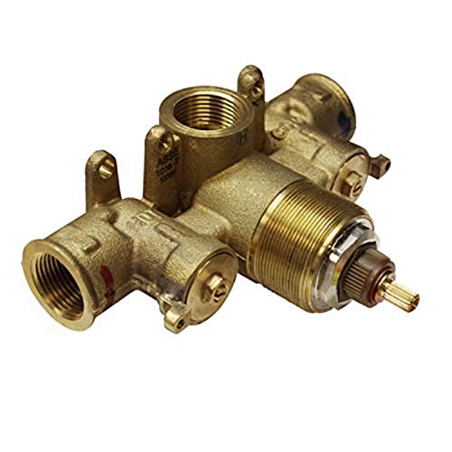 Brass thermostatic rough-in valve with threaded ports and control cartridge for shower plumbing installation.