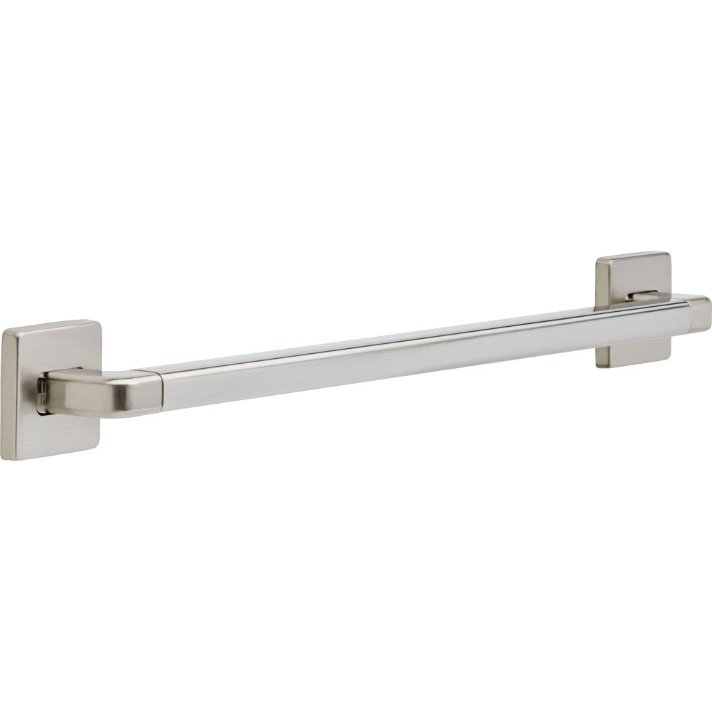 Brushed nickel angular grab bar with square mounting brackets on white background.