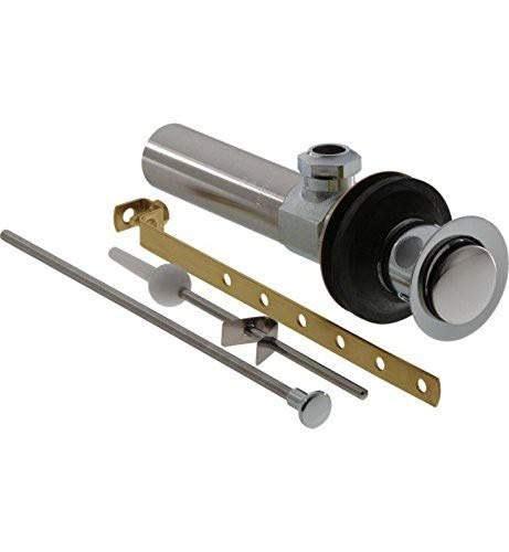 Metal pop-up drain assembly with champagne bronze finish, showing cylinder, gaskets, brass bracket, and mounting rods.