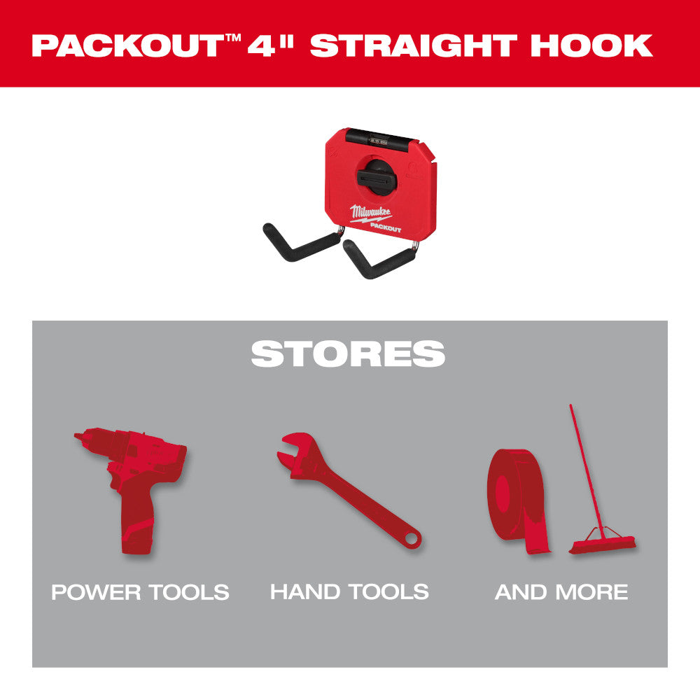 Red PACKOUT 4-inch straight hook with black handles attached to red storage unit.