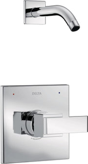 Chrome curved shower arm with square wall plate and matching valve trim lever handle on rectangular escutcheon.