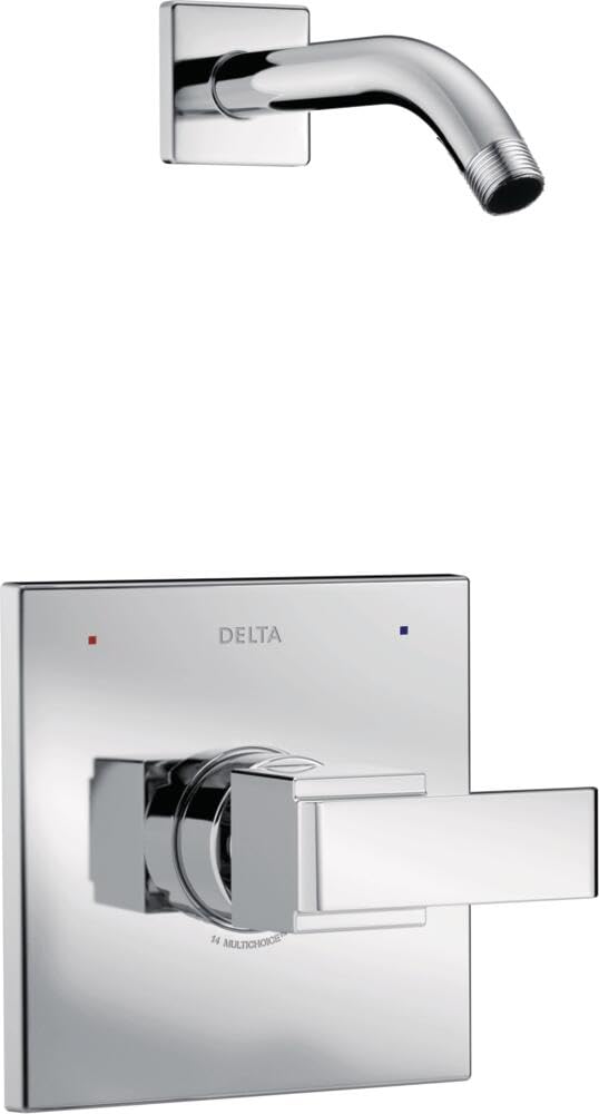 Chrome curved shower arm with square wall plate and matching valve trim lever handle on rectangular escutcheon.