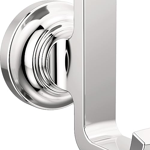 Chrome robe hook with curved handle mounted on white wall bracket.