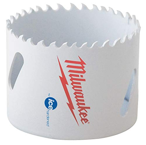 White bi-metal hole saw with serrated cutting edge and Milwaukee branding on cylindrical body.