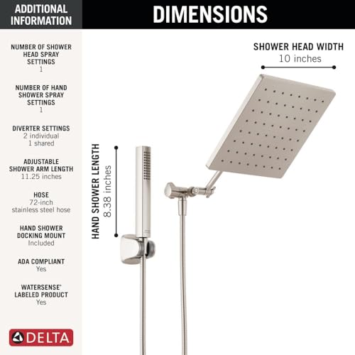 Brushed nickel raincan shower head with 10-inch width and hand-held shower wand with adjustable extension arm.